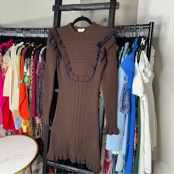 Fendi Wool Blend Ruffle Trim Knit Mini Dress in Chocolate Brown - Picture 1 of 16